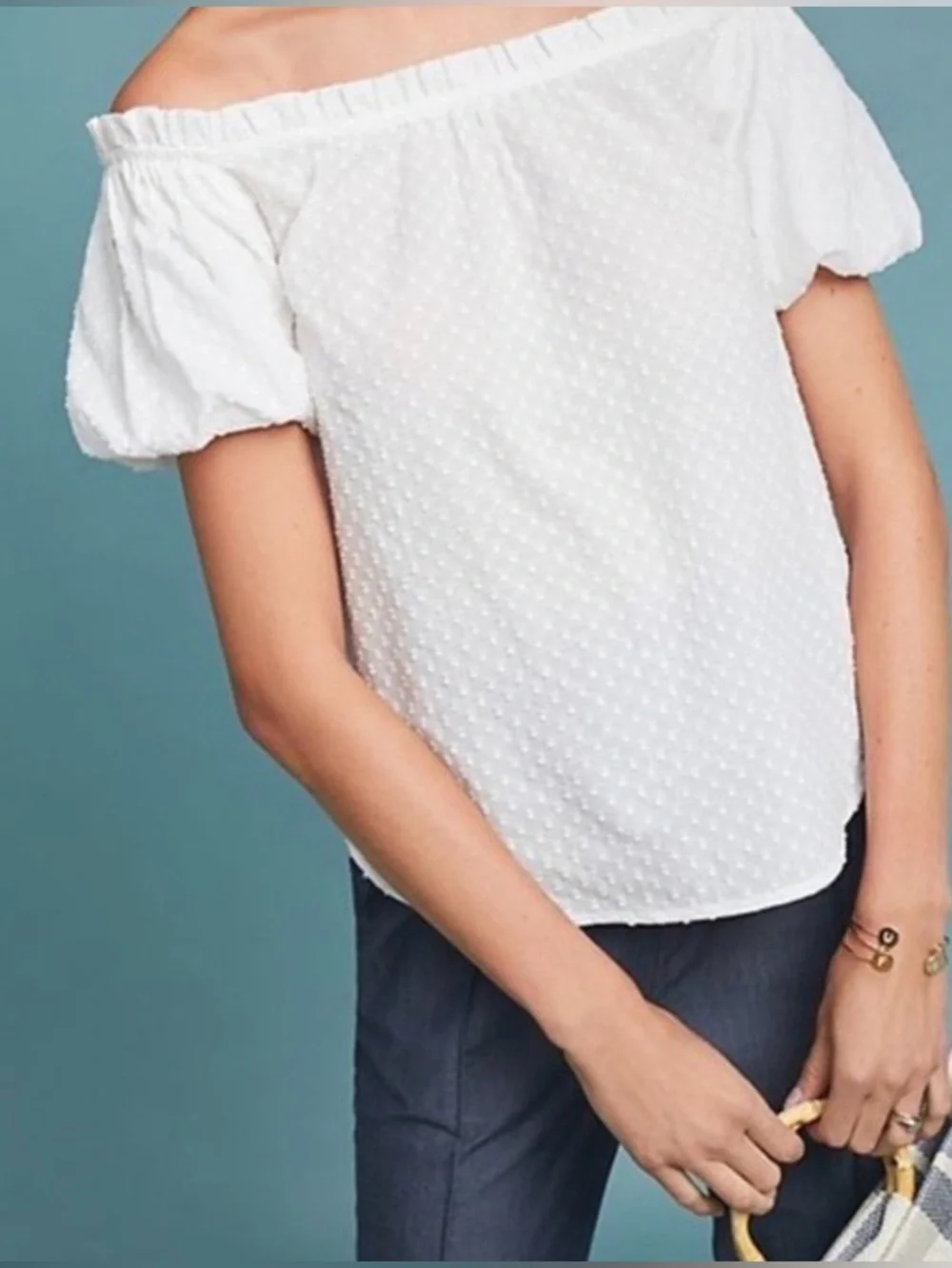 Anthropologie Maeve Sojourner Swiss Dot Off Shoulder White Top Size 12